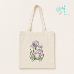توت باغ زهور السوسن – تطريز يدوي | Iris Bloom Hand-Embroidered Tote Bag