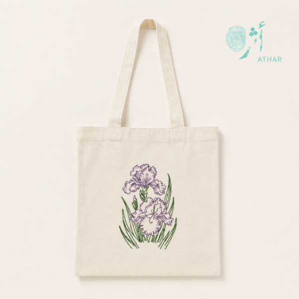 P-TZ-01-04 توت باك السعر 10 دنانير توت باغ زهور السوسن – تطريز يدوي | Iris Bloom Hand-Embroidered Tote Bag